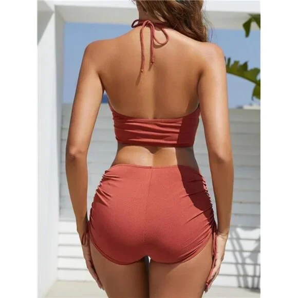 Women's Halter Crop Top Bikini Set High Waisted Shorts Swimsuit Ribbed Ruched